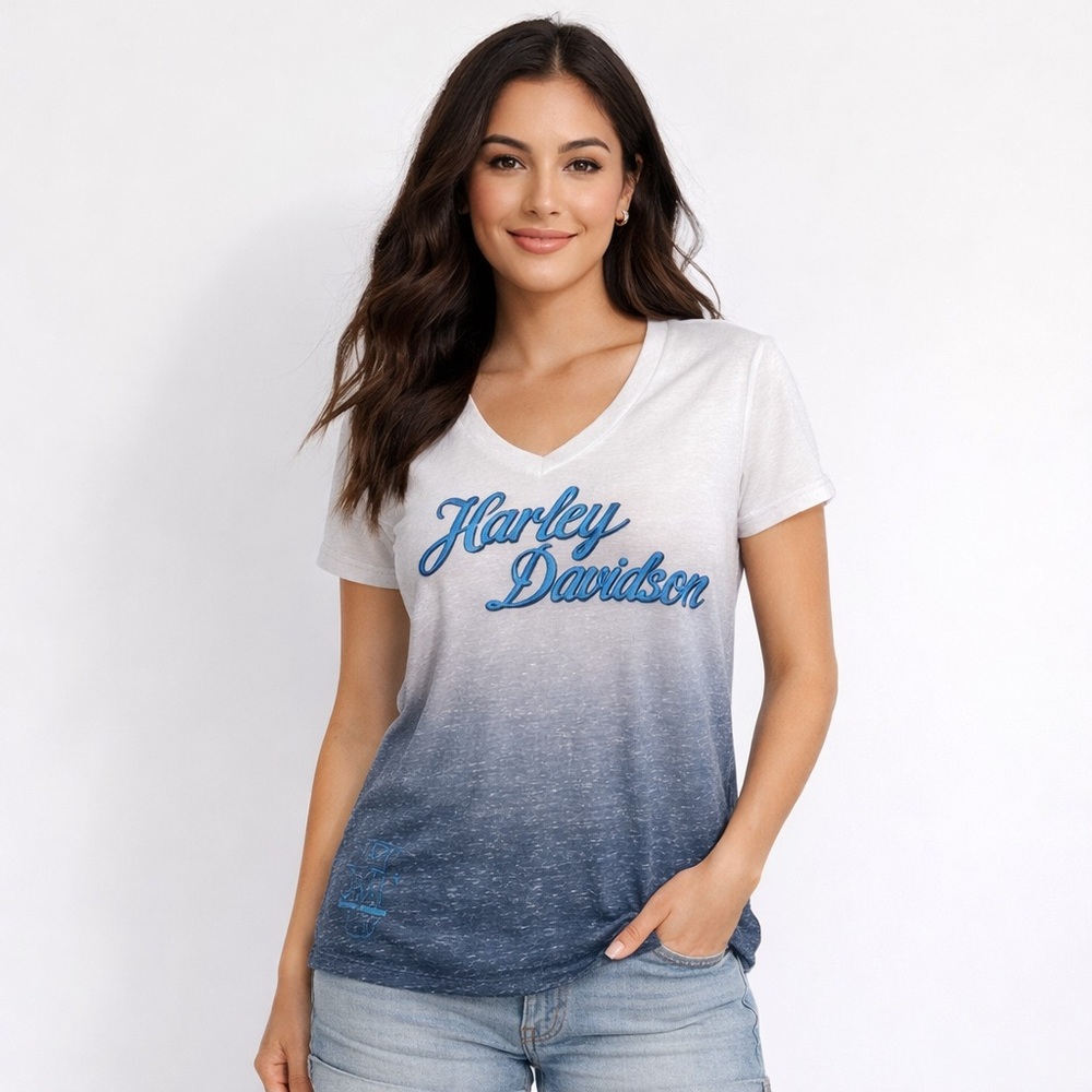 Harley-Davidson Yellowstone Bozeman Montana V-Neck Tee Ombre Blue Size M